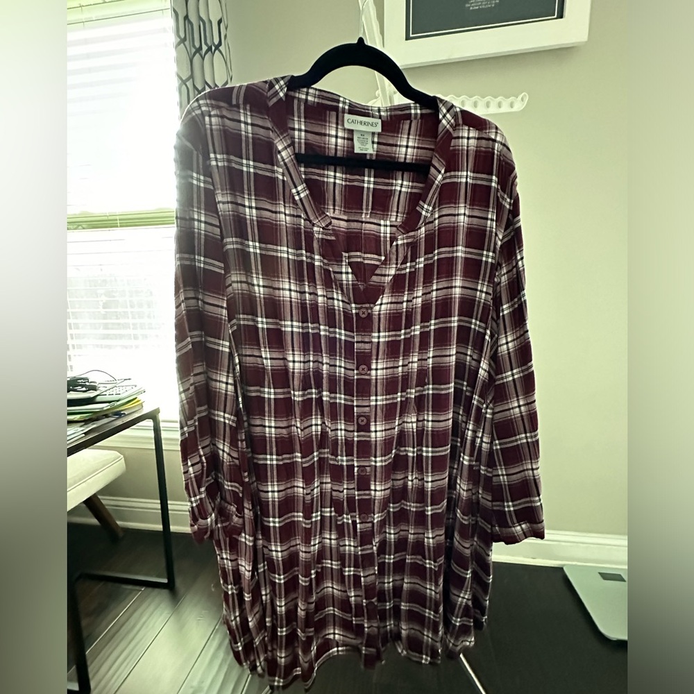 Catherine’s Plus Size 4xl button down shirt modified with v-neck line.